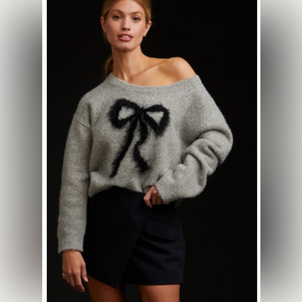 Maeve Gray Fuzzy Bow Crewneck Sweater